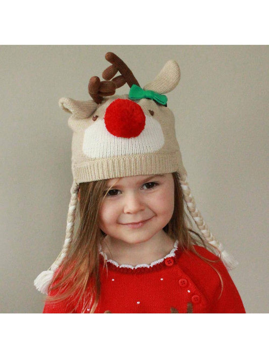Unisex Reindeer Knit Hat with Removable Bow