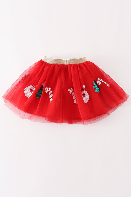 Abby & Evie Girls Red Christmas Tree Sequin Tutu Skirt