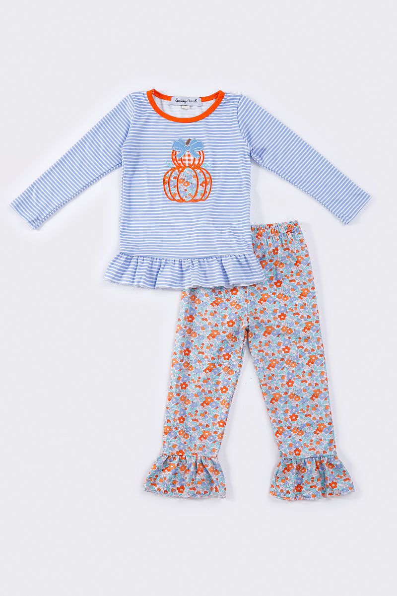 Sassy Soul GIrls Blue Stripe Pumpkin Applique Pant Set